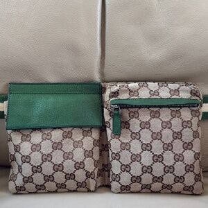 Authentic Gucci Tan Monogram Canvas Green Leather Fanny Pack Waist Belt Bag